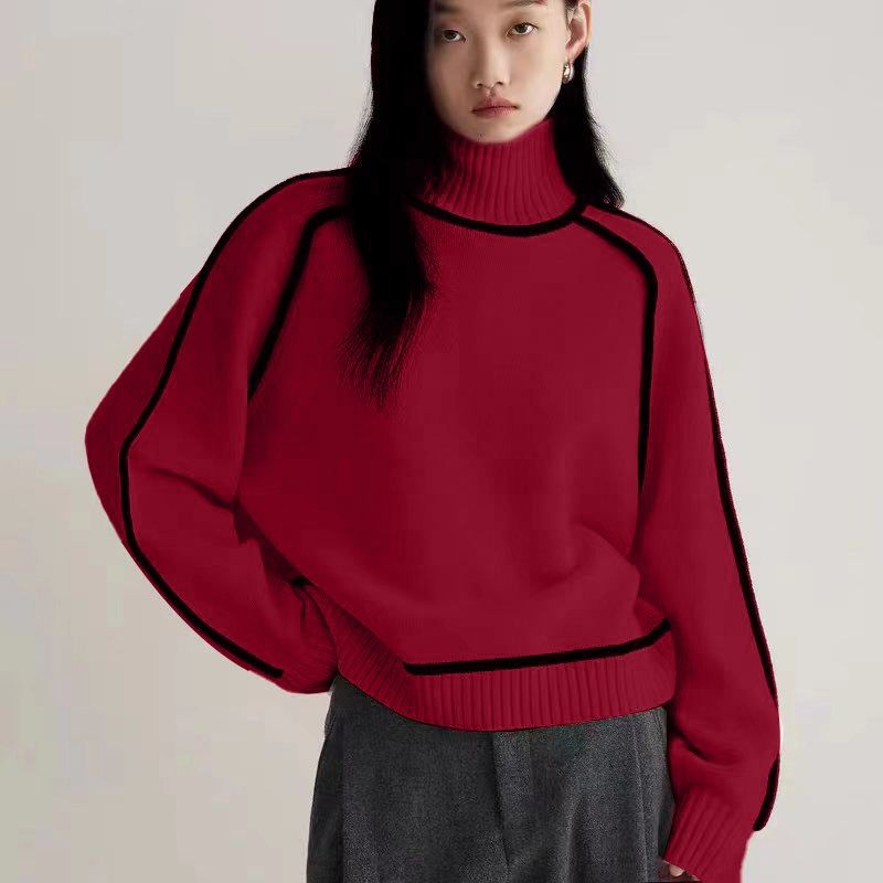 Vêtements pour femmes, pull ample décontracté à rayures tridimensionnelles à col mi-haut, pull tricoté de style paresseux_voghion.com