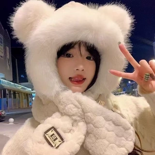 小熊毛绒帽子围巾一体女冬季韩版显脸小保暖帽骑车防风防寒护耳帽