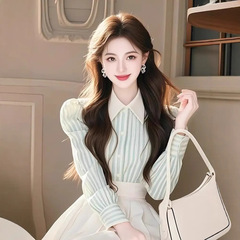 条纹长袖衬衫女宽松2025春季新款上衣通勤百搭休闲宽松显瘦衬衣女