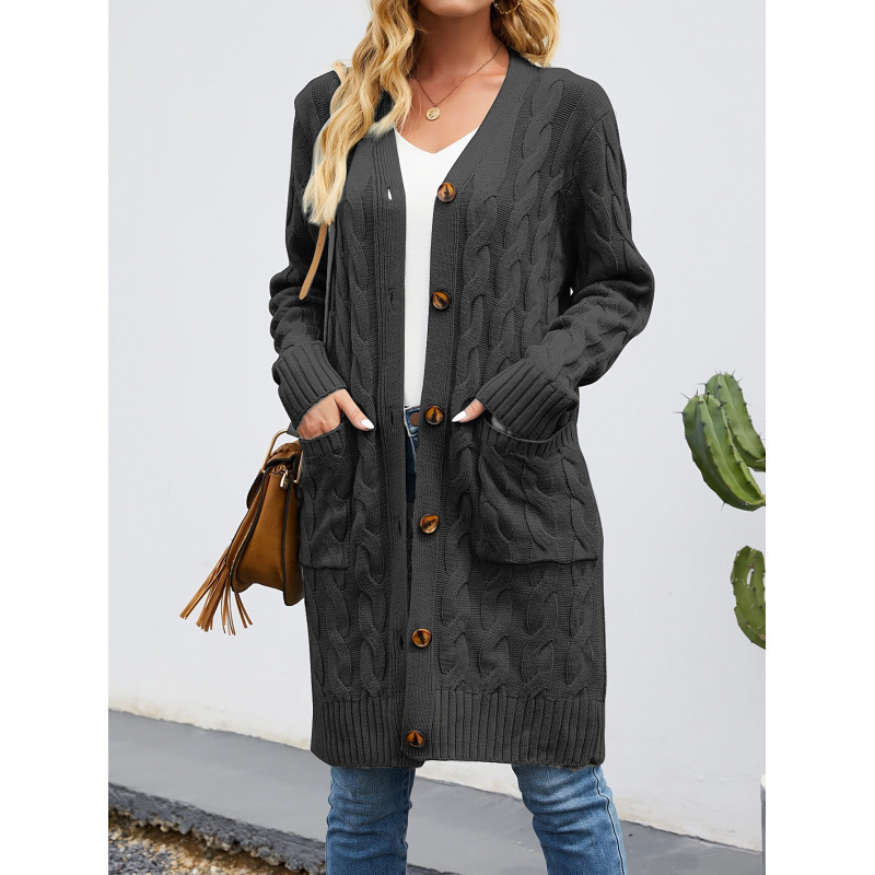 2026 Cross-Border New European and American Women's Long-Sleeved Cable Knitted Sweater Cardigan Cross-Border Dropshipping