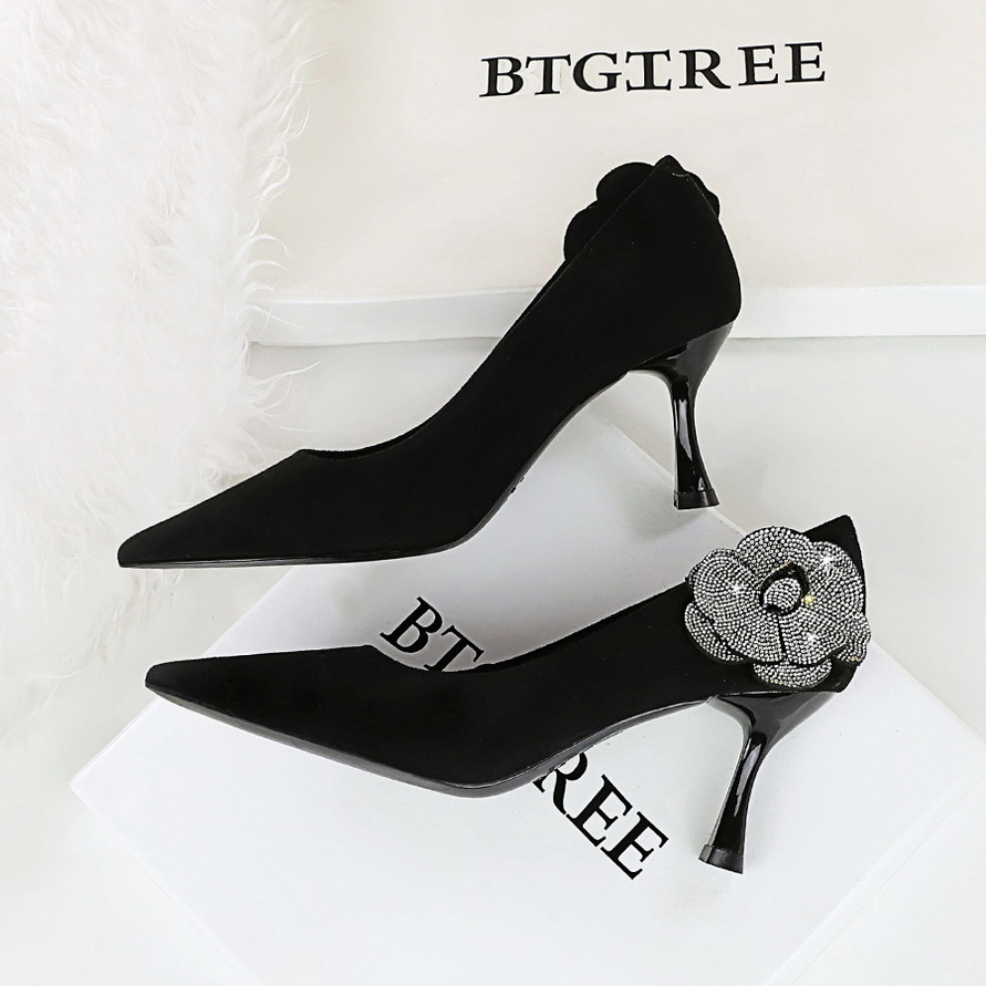 3767-AH59L Wind Style Side Water Diamond Flower Wine Glass with High Heels Shallow Mouth Pointed Suede Women's Single Shoes