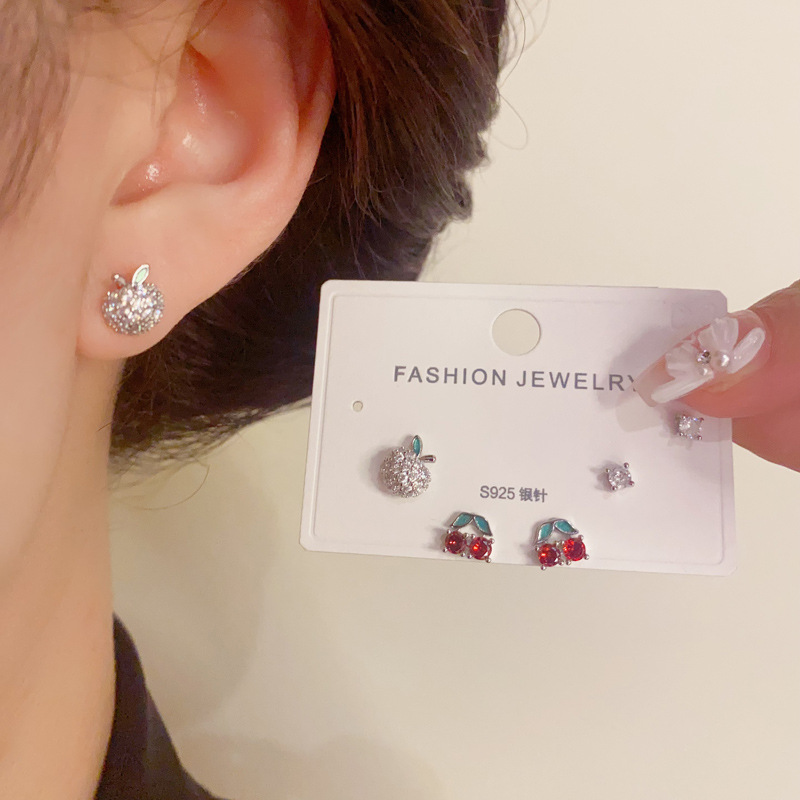Copper Material Cherry, Apple Pattern 1 Set Cute Cherry Apple Copper Zircon Small Stud Earrings