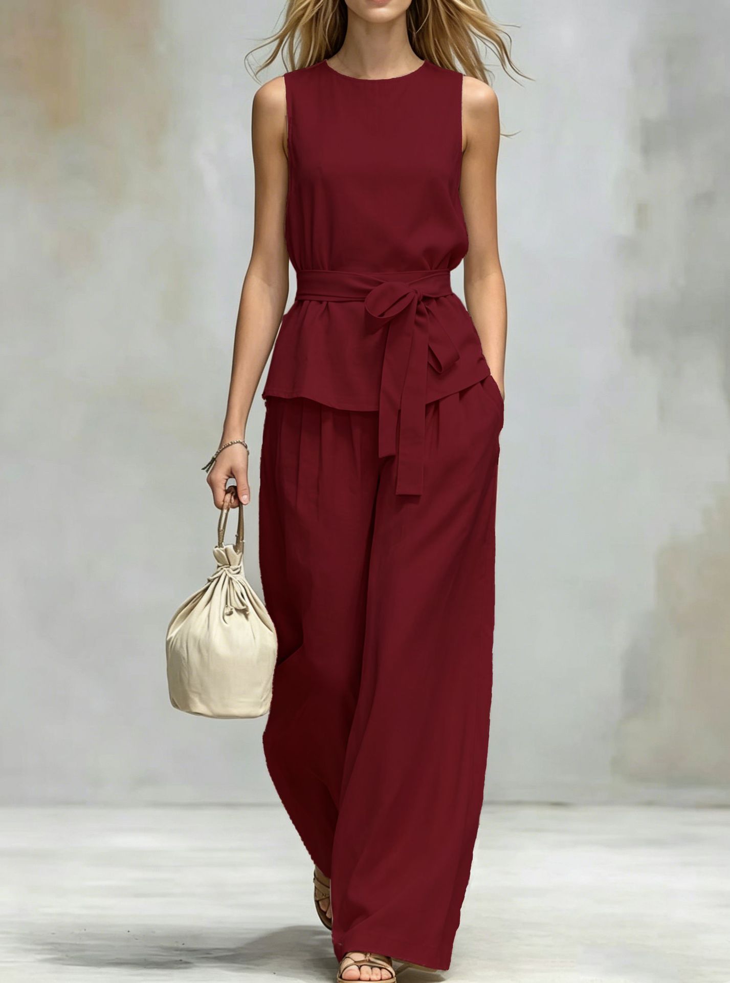 Women's Clothing Women's Spring Summer Two Piece Set Sleeveless Top And Belted Pants Casual Solid Color Style_ecoleips.com