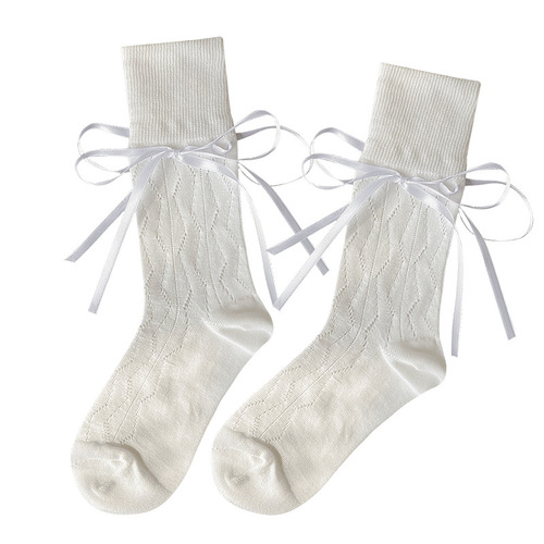 Summer thin breathable strap ribbon bow cotton socks short mid-calf mesh hollow ballet style pile socks for women