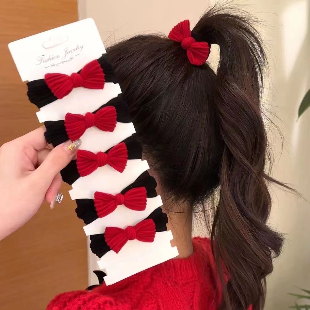 Año nuevo lazo rojo cuerda de pelo cola de caballo sin costuras de espesor de Pelo elástico anillo nuevo cabeza de bola chica accesorios para el cabello image 3