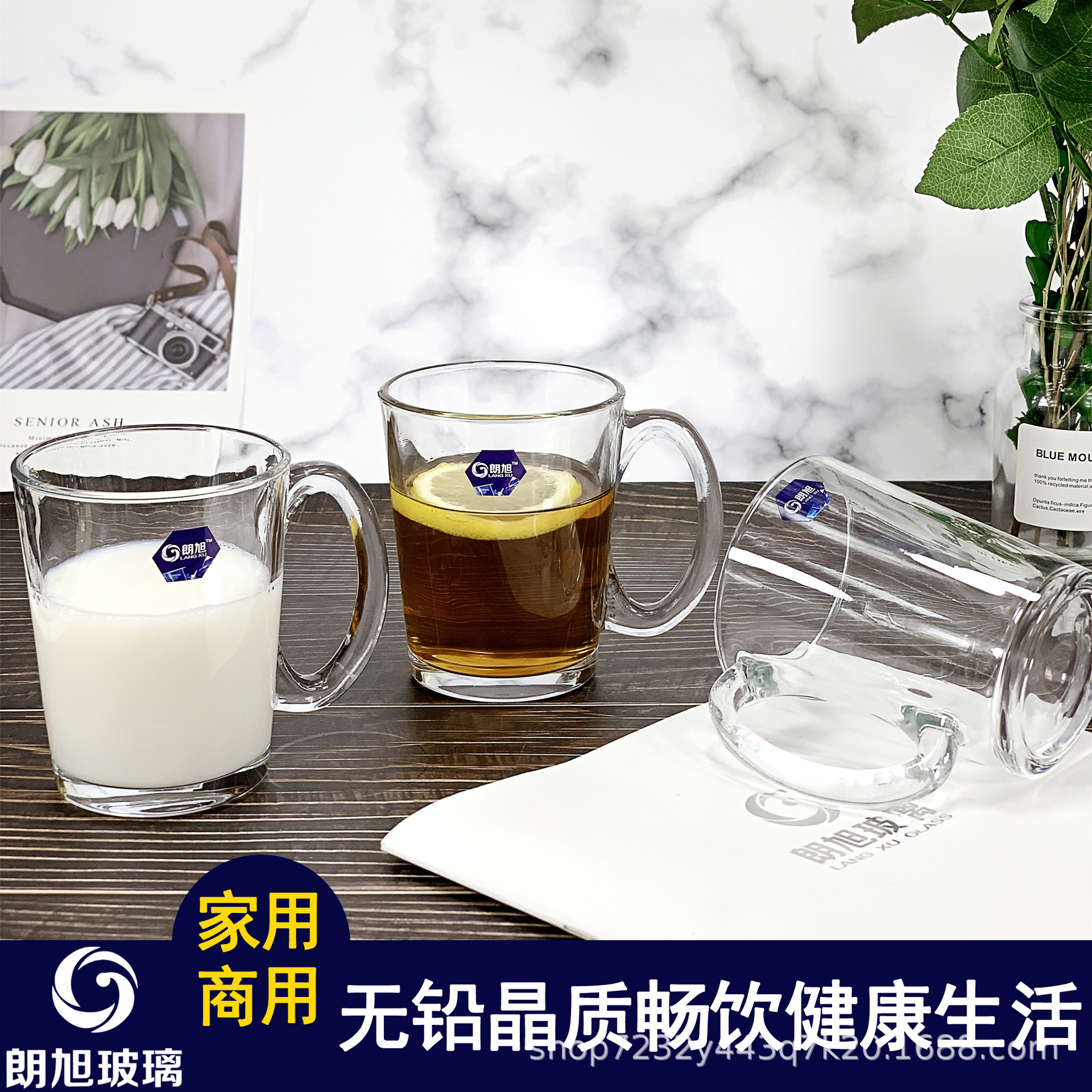 Langxu Glass Mug Wholesale Decal Printed Juice Coffee Cup Thickened Tropical Handle Glass Cup