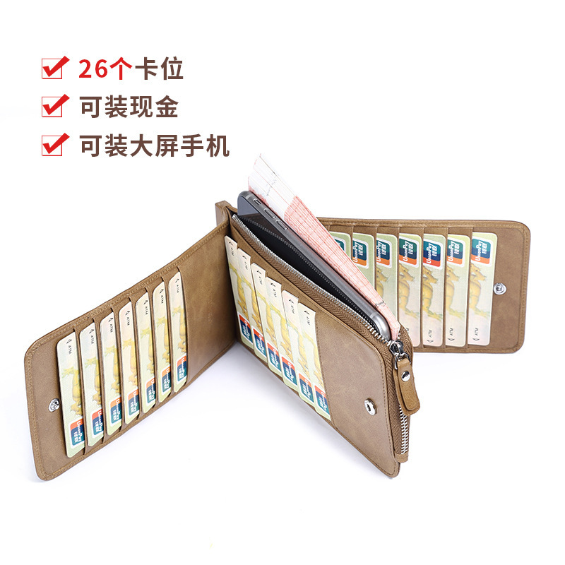 Cartera de cuero para hombre Cepillo antirrobo antimagnetizante Cartera de teléfono móvil Cartera de tarjeta Bolsa de una pieza Cartera de tarjeta Cartera de banco de gran capacidad