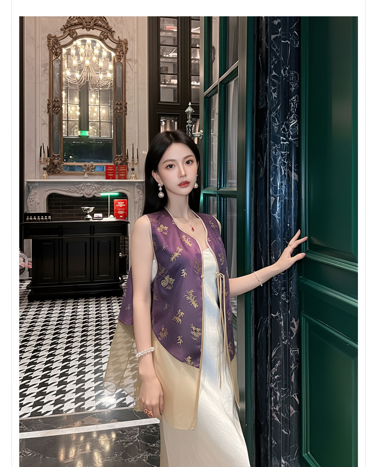 Áo gile nữ phong cách quốc phong phối ren hoa văn vải satin — màu tím chi tiết 4