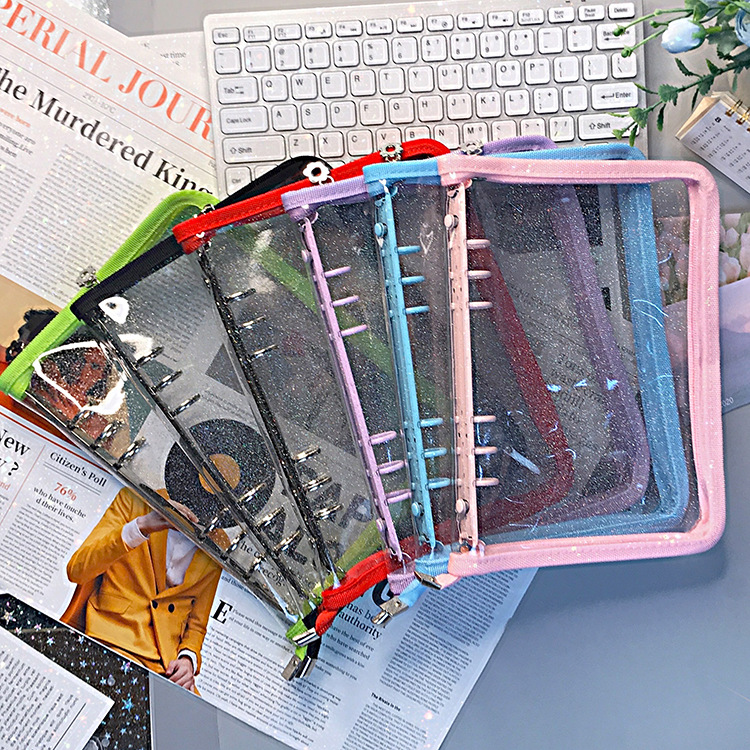 Corea del Sur De allí plana transparente brillo de la cremallera de 6 agujeros de hojas sueltas cuaderno ins estrella persiguiendo Diario A5A6