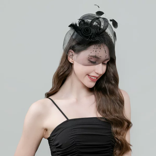 European and American high-end trendy feather mesh small hat, bridal party cheongsam headpiece, socialite annual meeting and runway hair accessory