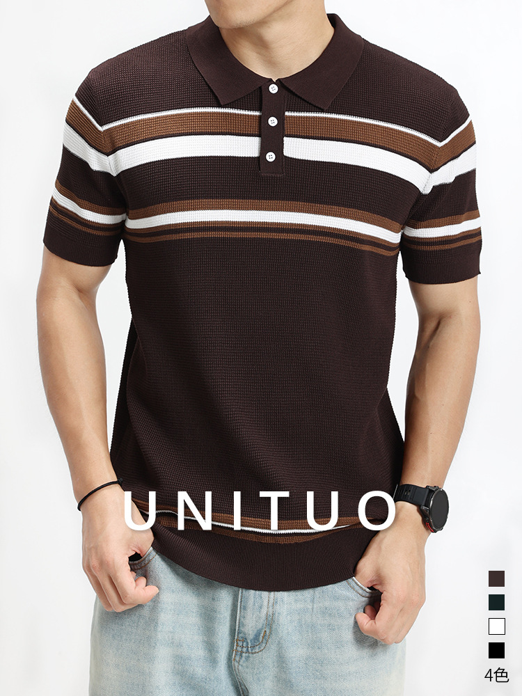 Camiseta de polo de hielo de alto nivel de hombre con cuello corto de manga corta, camiseta de punto a rayas de contraste, camiseta de negocios, camiseta casual de Paul