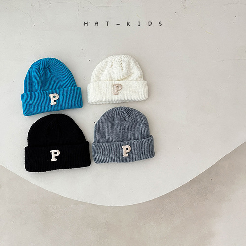 ins baby hat autumn and winter baby knitted hat warm and versatile winter P letter solid color thickened wool hat
