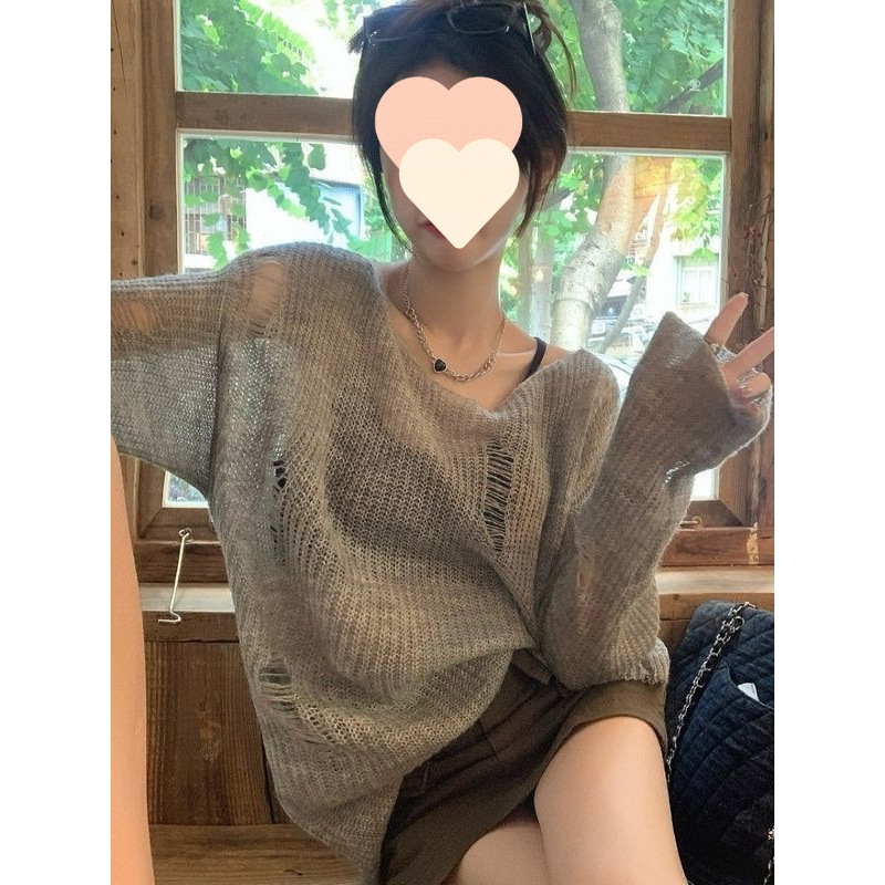 New Autumn and Winter Hollow-Out Knit Women's Top, Thin Outerwear, Lazy Style French Loose Air-Conditioning Shirt, Trendy Sun Protection Shirt