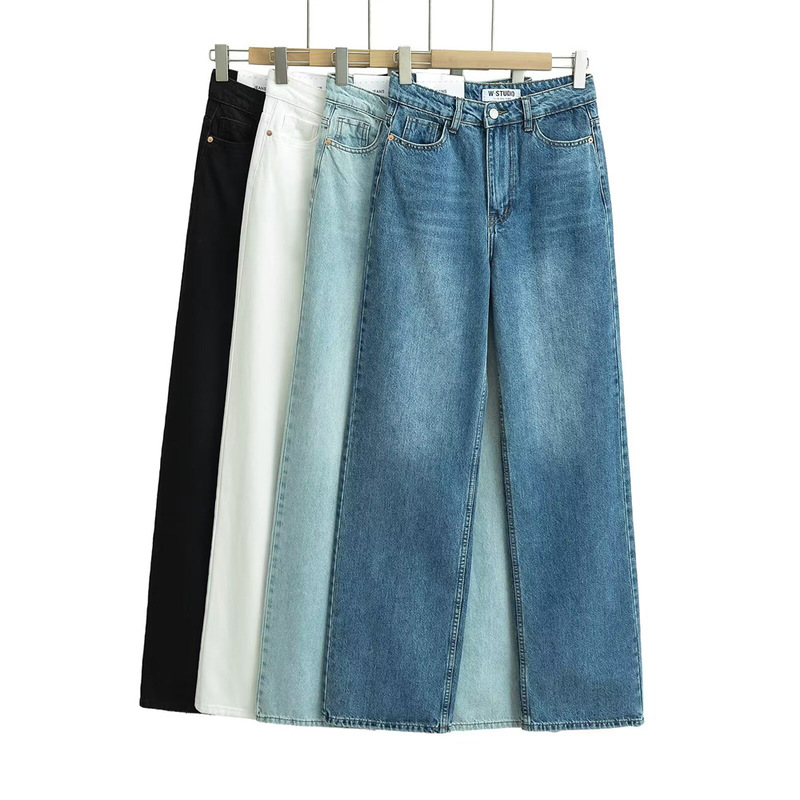 YPFF trendy women's clothing autumn new European and American style high waist wide leg straight mop pants washed white Denim trousers