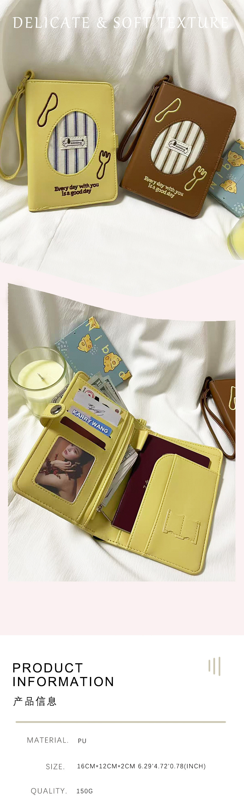 Cute Embroidered Passport Holder with Lanyard Travel Document Storage Bag Korean Style Simple Passport Cover Wholesale