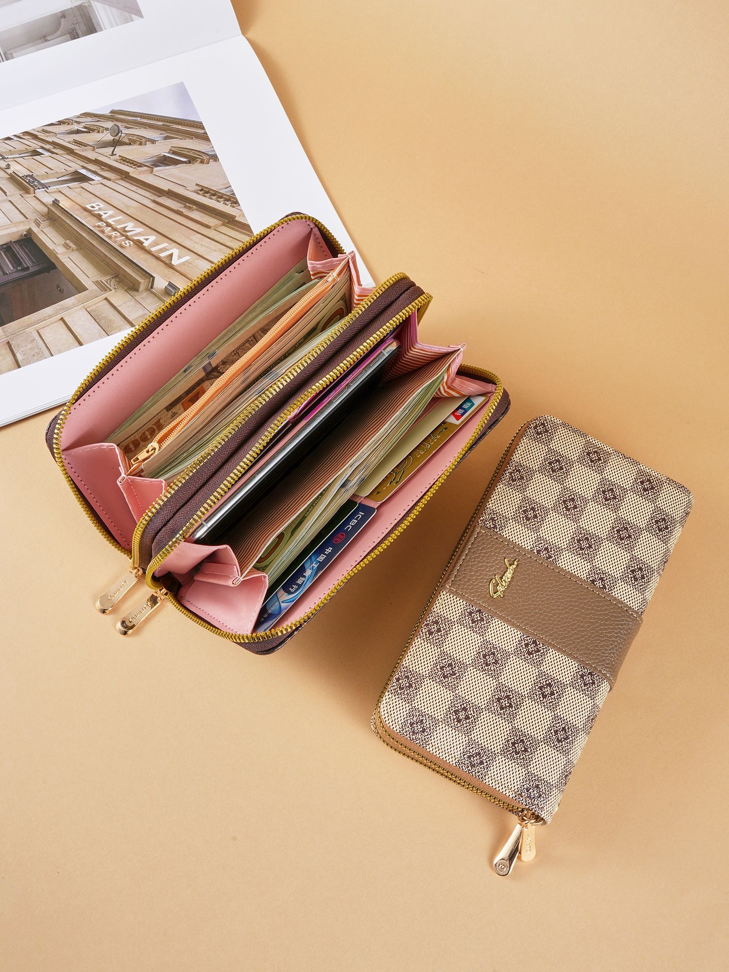 Nuevo tipo de billetera de doble tracción de tendencia transfronteriza impresión de empalme de moda universal doble multi-tarjeta zipper bolso