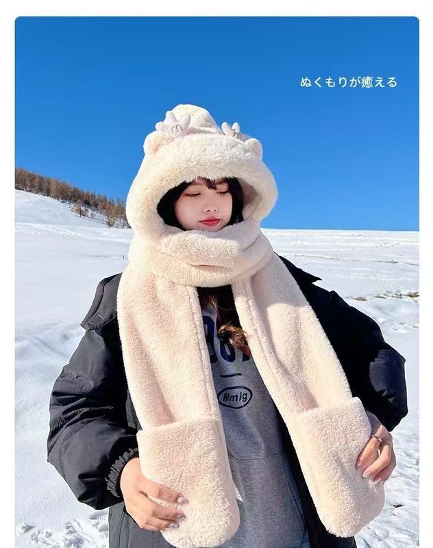 帽子围巾手套三件套女冬款加厚保暖防风毛绒可爱龙宝帽子围巾一体|undefined