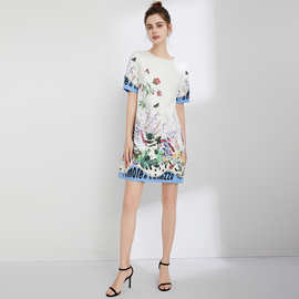 new dress 跨境外贸23春夏季女装圆领短袖玉兔印花宽松中款连衣裙