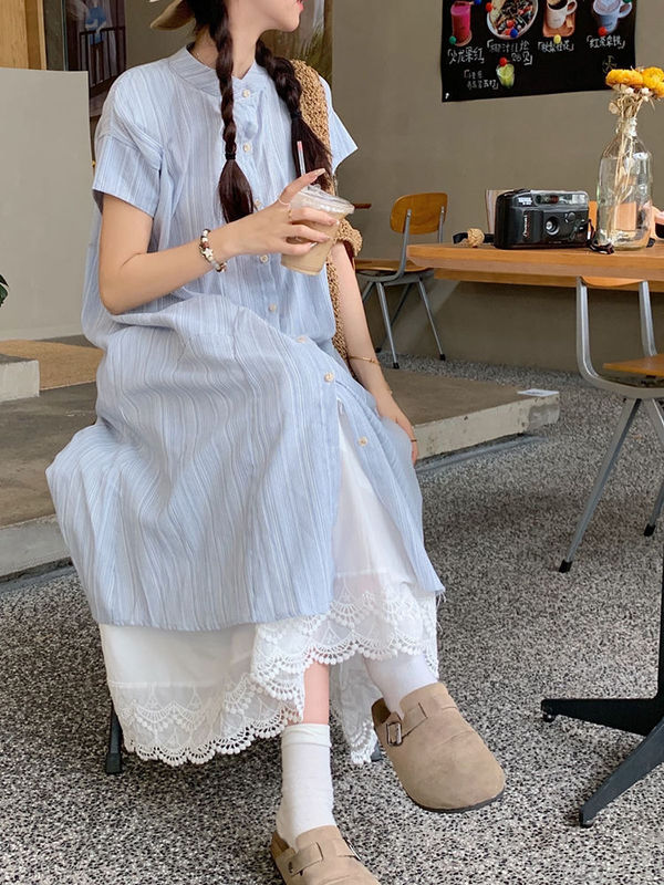 蓝色条纹短袖衬衫连衣裙女夏季2025新款韩系宽松中长款叠穿两件套|undefined