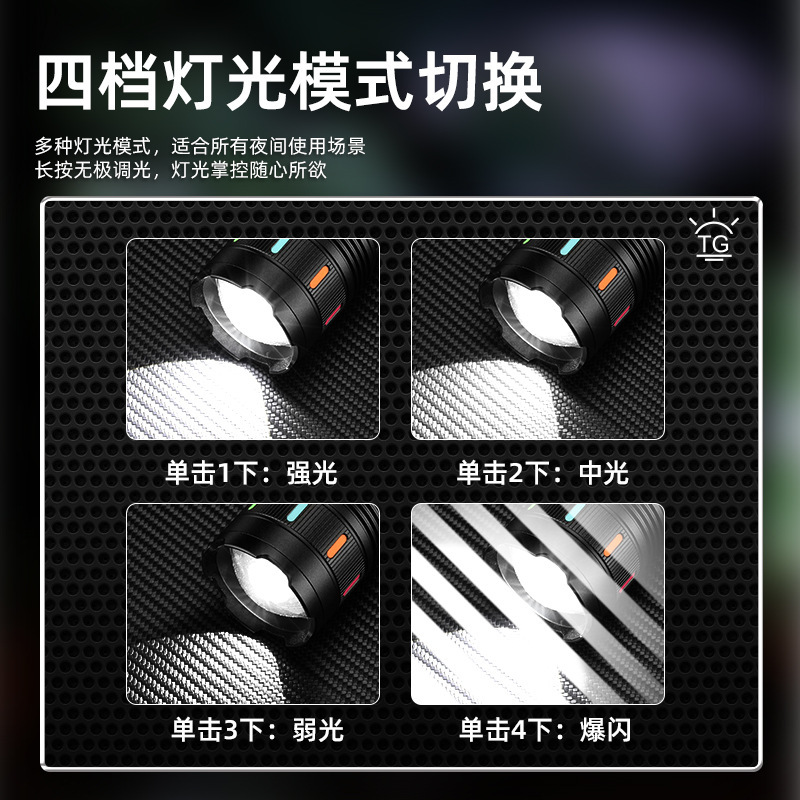 Transfronterizo nueva linterna de luz fuerte tipo-c carga ultra brillante al aire libre de larga duración linterna multifuncional
