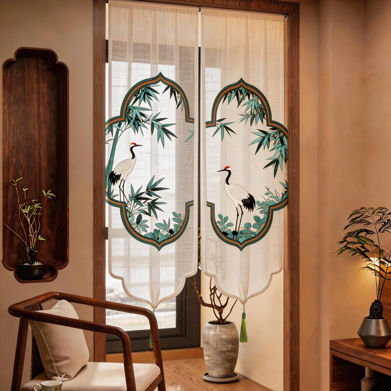 New Chinese-style antique door curtain, semi-transparent partition curtain, no-drill required, irregular-shaped hanging curtain, traditional Chinese-style half curtain, tea room partition window