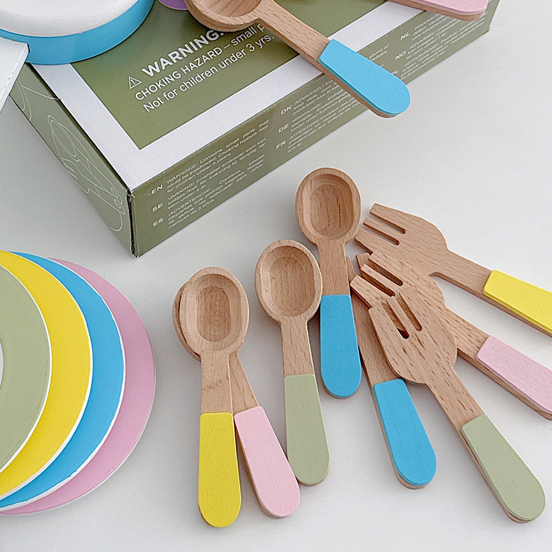 Juego de vajilla de estilo nórdico, juguetes de madera para niños, vajillas de colores, cucharas de sopa de madera, juguetes de cocina para el hogar