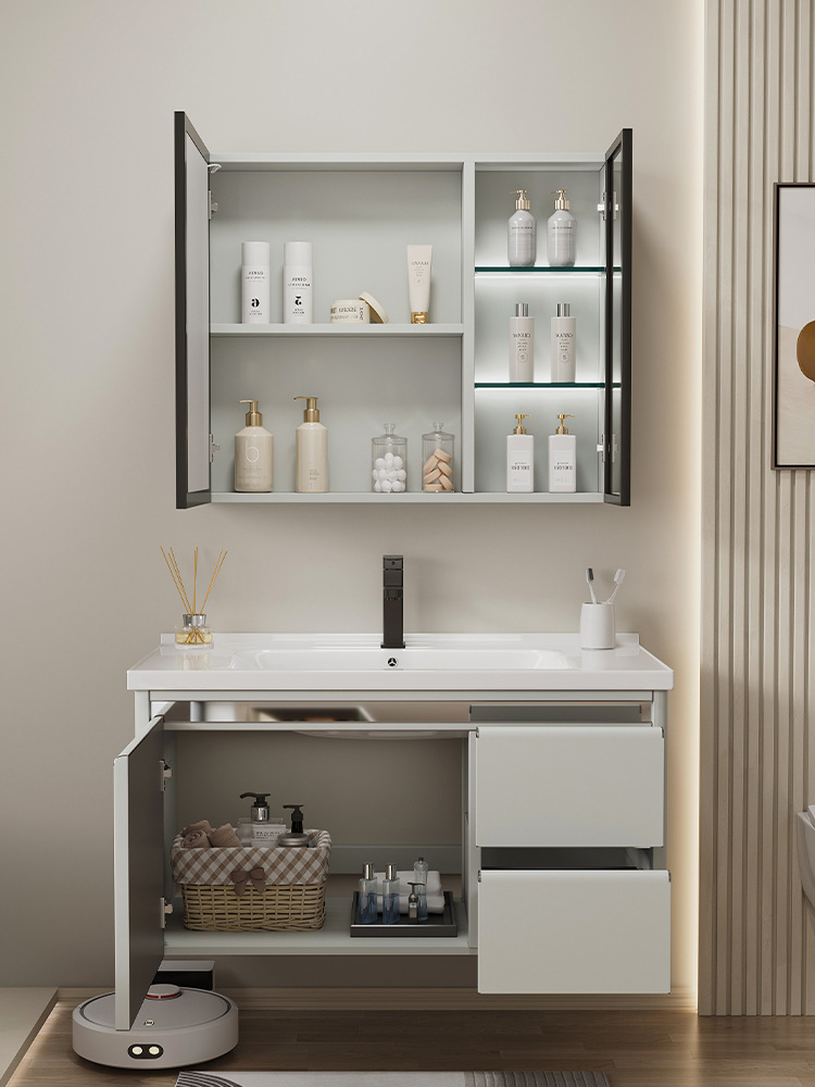 Espacio de aleación de aluminio gabinete de baño de cerámica integrado lavabo gabinete combinación moderno simple baño lavabo