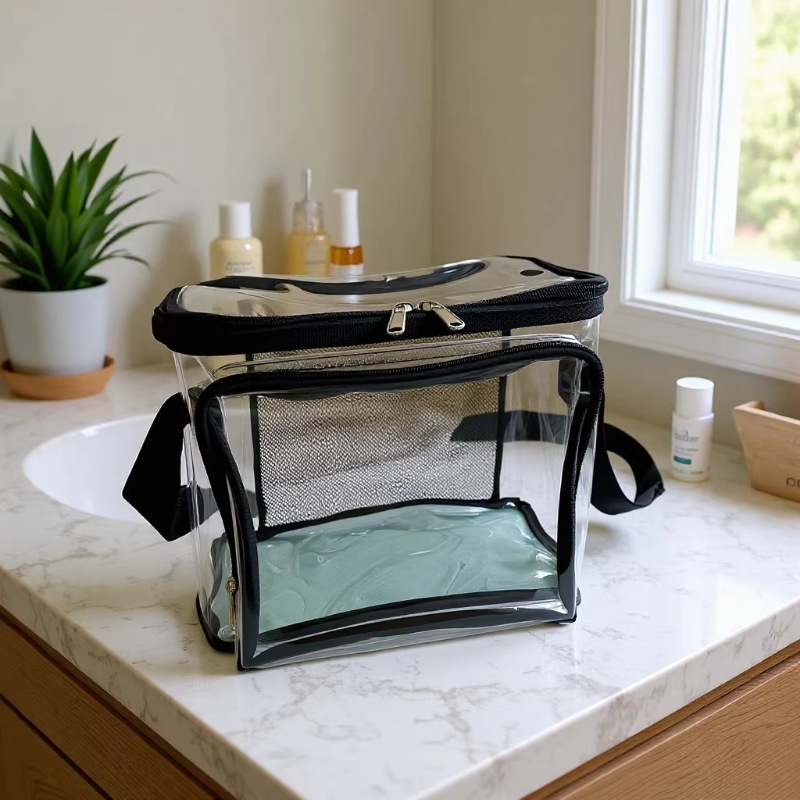PVC Transparent Adjustable Strap Front Storage Compartment Mesh Pocket Outdoor Lunch Bag_voghion.com
