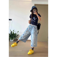 七分牛仔裤女秋季韩版复古彩色纽扣7分过膝中裤直筒阔腿梧桐短裤