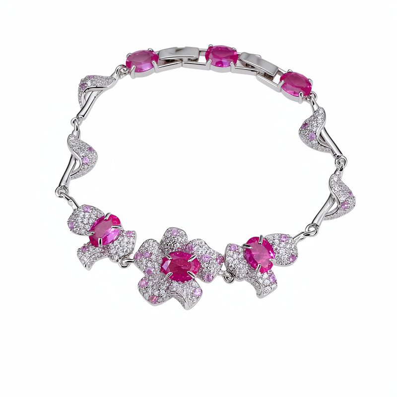 Agujas de plata, pulseras de flores rosadas, anillos, pendientes, pernos de lujo ligero, alta sensación, temperamento dulce, conjunto de joyas