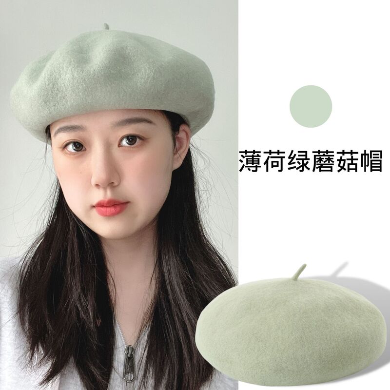 新款秋冬羊毛贝雷帽子女时尚羊绒蘑菇帽深檐大头围立体画家帽批发|undefined