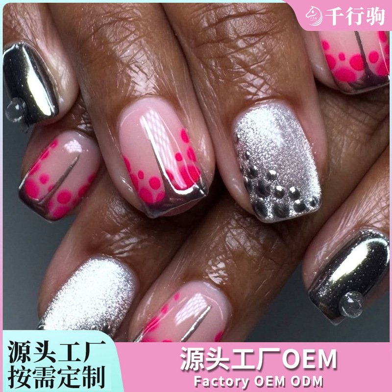 Custom-designed, internationally popular, silver mirror-finish, metallic-textured, rose-red polka-dot, detachable, medium-length, 24-piece wearable nail tips