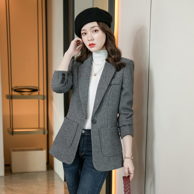秋款毛呢厚西装外套女秋冬2021新款大码休闲女士小西服上衣冬厚款