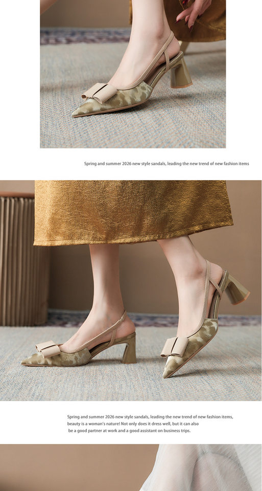 Sandal cao gót nữ mũi nhọn hở gót gót thô đính nơ phong cách công sở, gót 6–8 cm — Màu kaki, Màu xám bạc, màu đen chi tiết 8