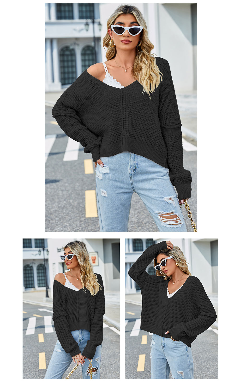 Pull sexy à col en v pour femmes, couleur unie, épaules dénudées, pull sexy_voghion.com