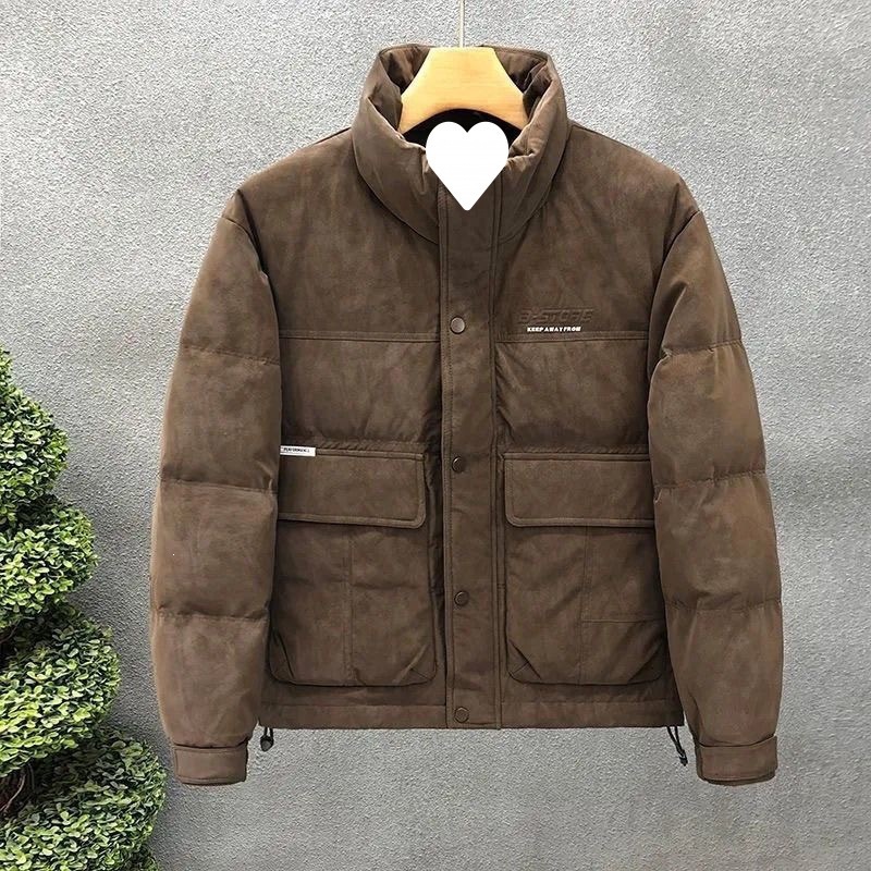 Men's cross-border down jacket, autumn and winter trendy short style, no washing required, stand collar coat, solid color, versatile, thick and warm top.