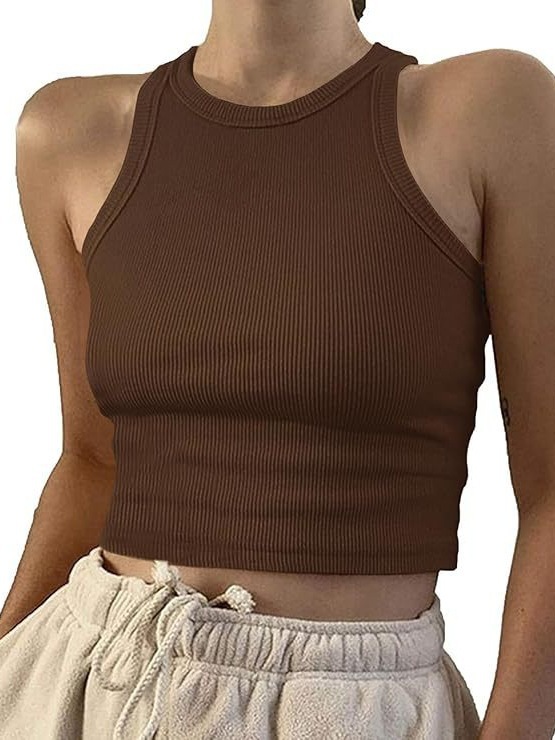 Ärmelloses, geripptes Damen-Top, dehnbar, lässig, sommerlich, Basic-Camisole, einfarbig_voghion.com