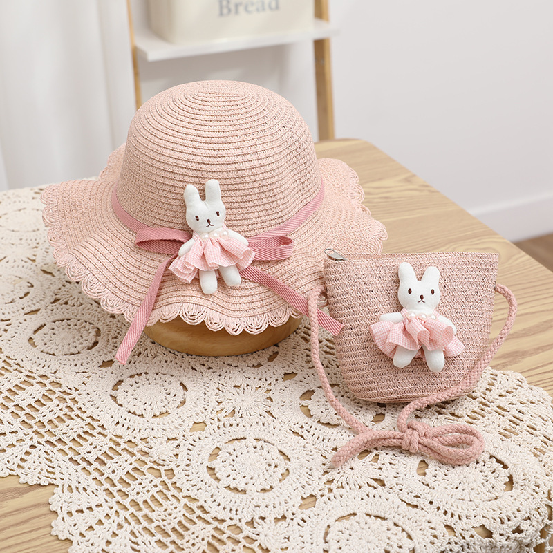 Cartoon decorative wavy edge straw hat-pink