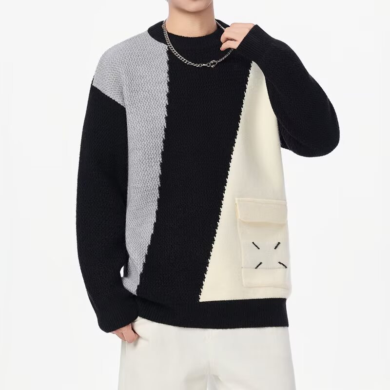 Explosiones transfronterizas de tamaño europeo tamaño grande color contrastante junta camiseta de punto suéter hombre cuello redondo alta fábrica de camiseta de otoño y invierno al por mayor