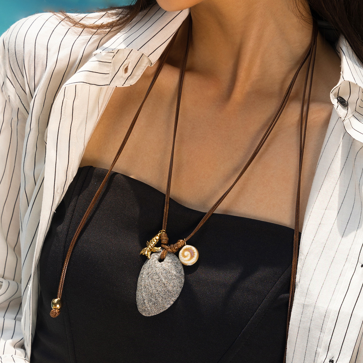 TENA Europa y los Estados Unidos de moda universal largo collar de cuerda trenzada nicho de piedra natural titanio collar de acero venta caliente transfronteriza