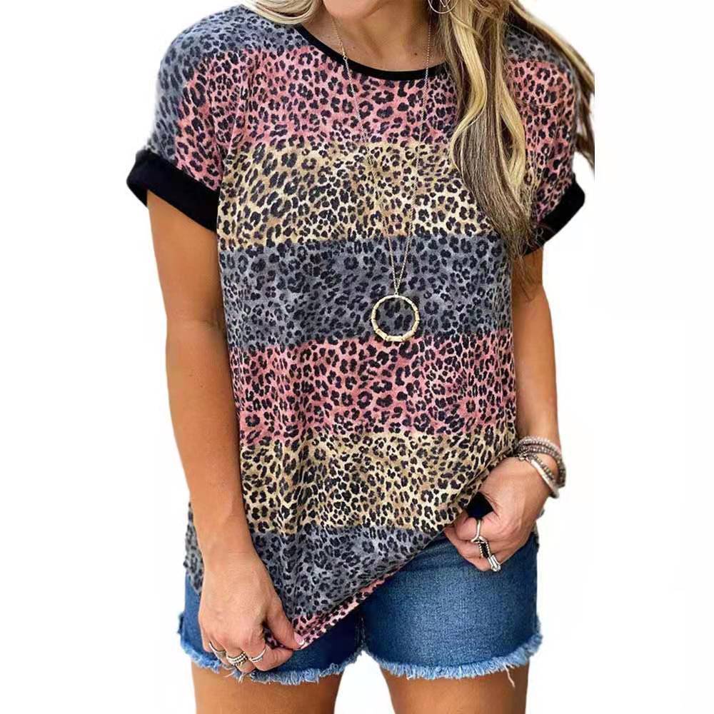 Leopard Printed Round Neck Short-Sleeved T-Shirt NSYHY106871