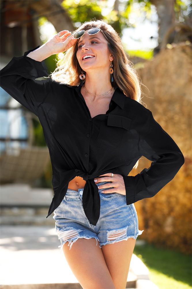 210g Weight Sunscreen Shirt Outerwear Type Long Sleeve Sleeve Length knit Fabric Type Regular Top Length Turndown Neckline Solid Color Pattern Summer Season Women's Gender Sexy Style Buckle Craft Women's Solid Color Sexy Cover Ups 5