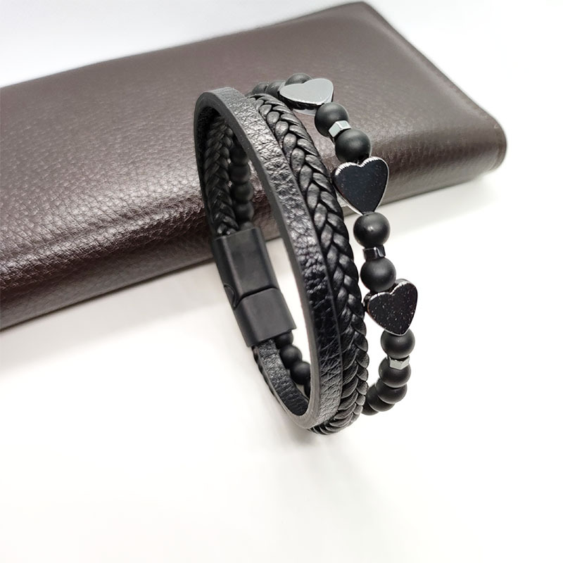 29g Weight Bracelets Classification Leather Rope Chain Material Twisted Rope Chain Chain Type 1 Piece Quantity Holiday, Daily Occasion Alloy, black gallstone Material Heart Shape Pattern All Seasons Season Men's Gender Retro Style Retro Heart Shape Alloy Black Gallstone Men's Bracelets Men Cord & Leather Bracelets 14