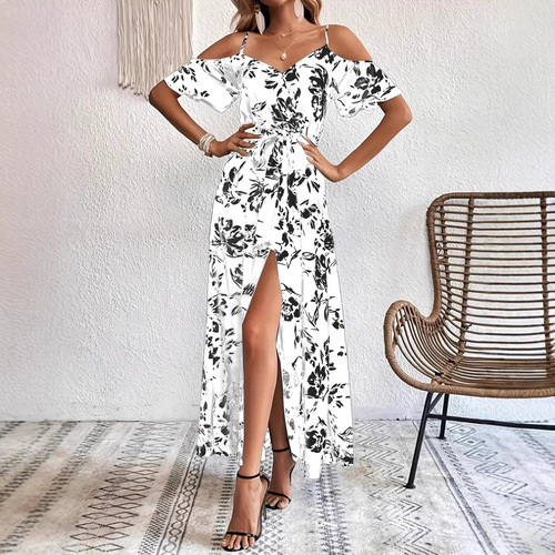 Women's Sexy Strapless Asymmetrical Long-Sleeve Floral Beach Dress
