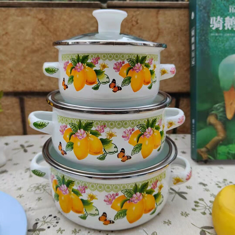 Olla de tres piezas de esmalte directo de fábrica mini olla de sopa aceite de doble oreja olla de fideos instantáneos fondo plano pequeña olla caliente