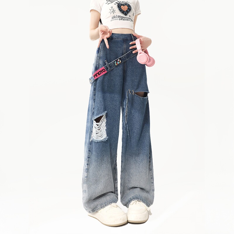 American-Style Side Zipper Ripped Jeans for Women, Spring/Summer, Petite, Heavy Craftsmanship, High-Waisted, Straight Wide-Leg Pants, Trendy