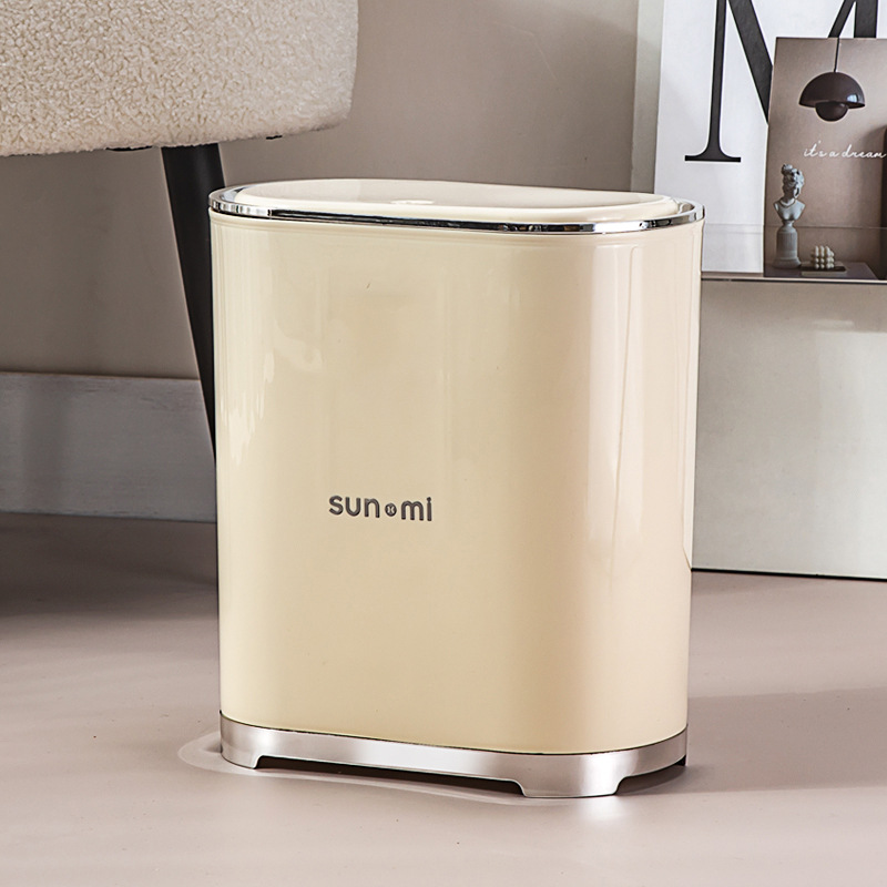 Retro Cream Style Trash Can Household Ins Accessible Luxury High-Value Push-Type Pop-Up Lid Kitchen Bathroom Trash Can