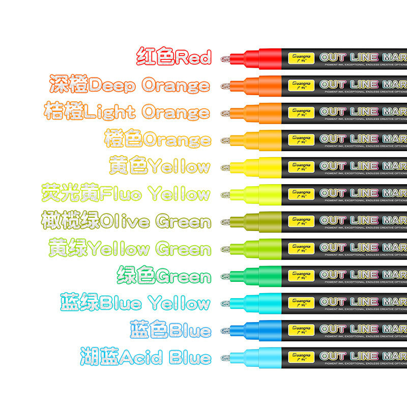 Guangna 157 doble línea de contorno pluma 24 color negro varilla traje DIY color pintado a mano graffiti marca plata luz marcador pluma