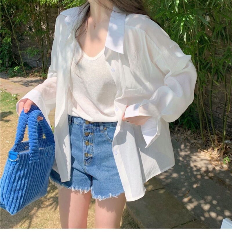 Women's Thin Tencel Shirt for Outerwear, Spring and Summer Korean Style Loose Casual Thin Shirt, Long-Sleeved Sun Protection Top Women's Thin Tencel Shirt for Outerwear, Spring and Summer Korean Style Loose Casual Thin Shirt, Long-Sleeved Sun Protection Top