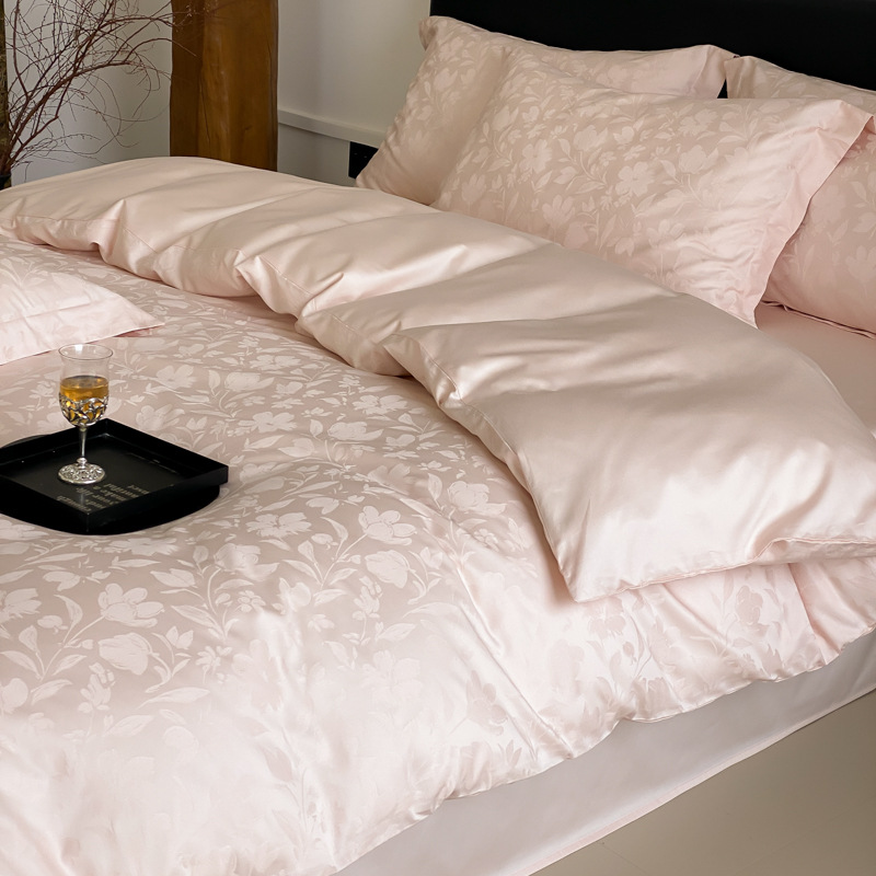 Juego de cama de cuatro piezas de algodón de fibra larga satinado 100S de alta gama, juego de cuatro piezas de algodón puro jacquard, funda nórdica, sábana ajustable